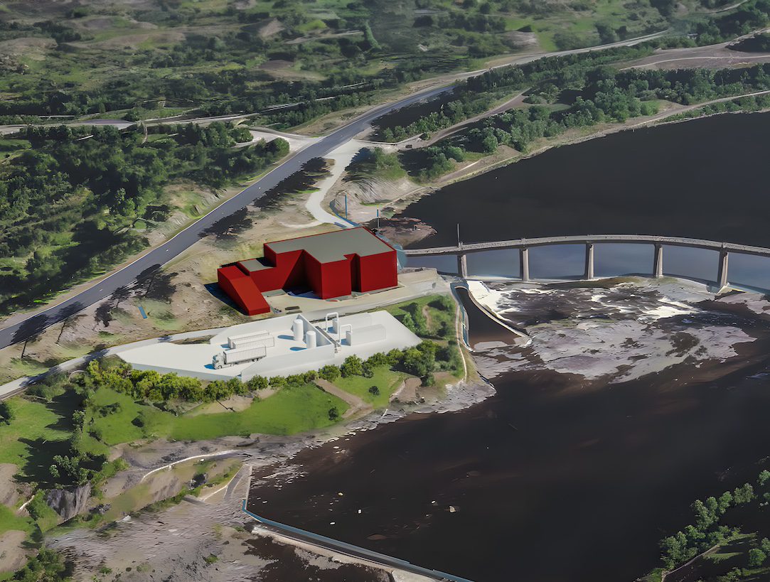 Å Energis pilotanlegg for grønn hydrogenproduksjon i Kongsberg. Bygningen merket med rødt er det eksisterende vannkraftverket som står der i dag.
Illustrasjon: Å Energi