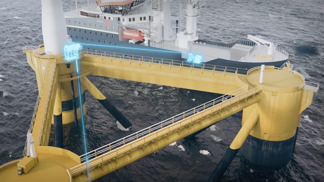 Kongsberg Maritimes kabel pull-in-system reduserer behovet for utstyr og personell på den flytende turbinen.
Illustrasjon: Kongsberg Maritime