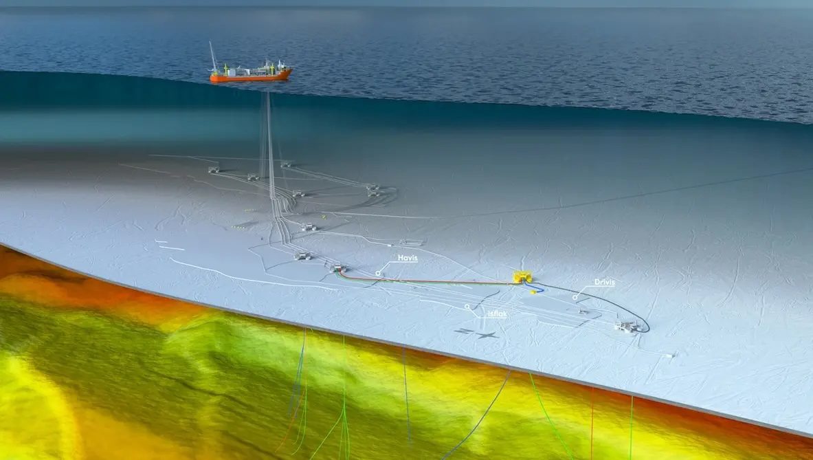 Johan Castberg-feltet med havbunnsinstallasjoner og Isflaks brønnramme i gult.